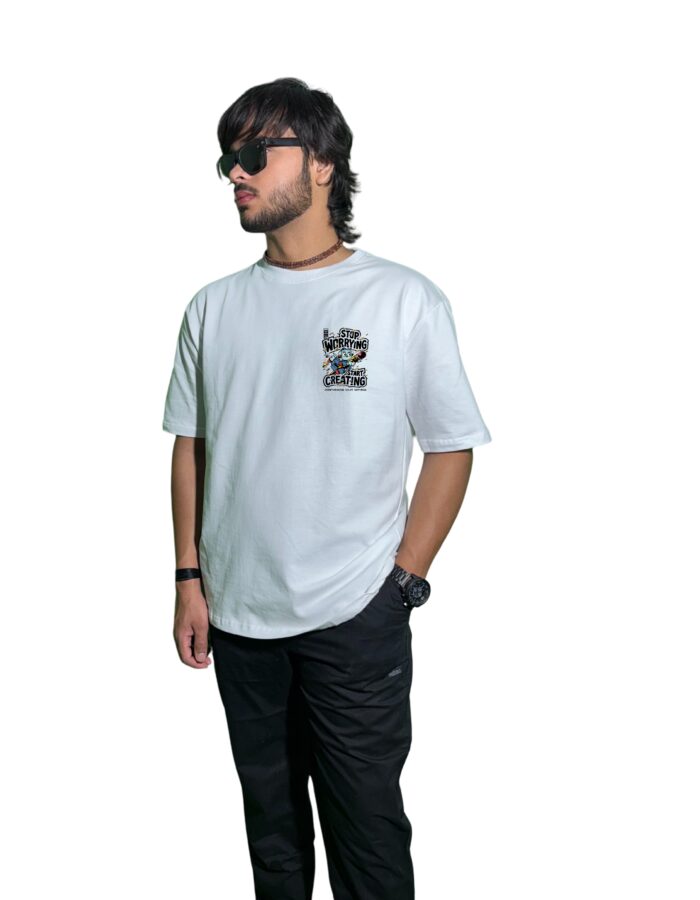 "Stop Worrying, Start Creating" Oversized T-Shirt – 220 GSM Heavy Cotton | Motivational Graphic Tee