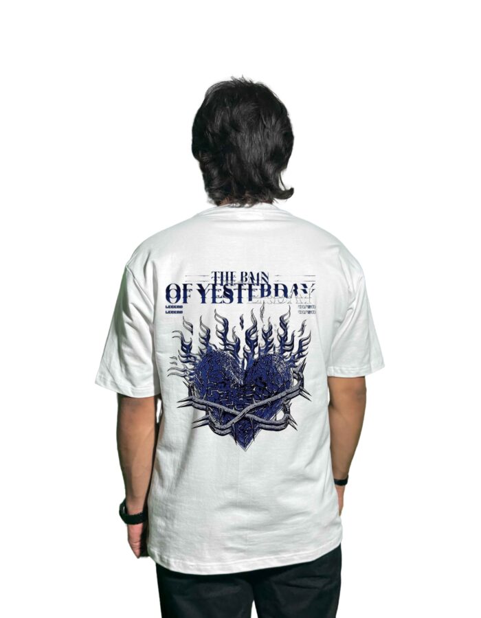 “Pain of Yesterday” Oversized T‑Shirt – 240 GSM Ultra‑Heavy Cotton | Cracked Blue Heart & Thorn Crown Graphic (Unisex, White) - Image 3
