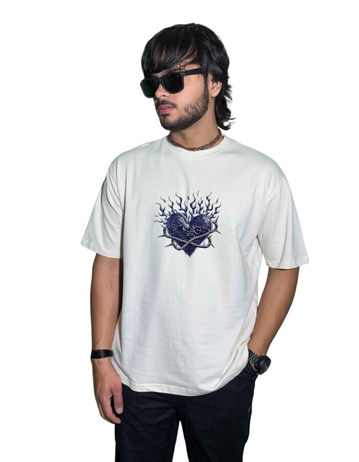 “Pain of Yesterday” Oversized T‑Shirt – 240 GSM Ultra‑Heavy Cotton | Cracked Blue Heart & Thorn Crown Graphic (Unisex, White)