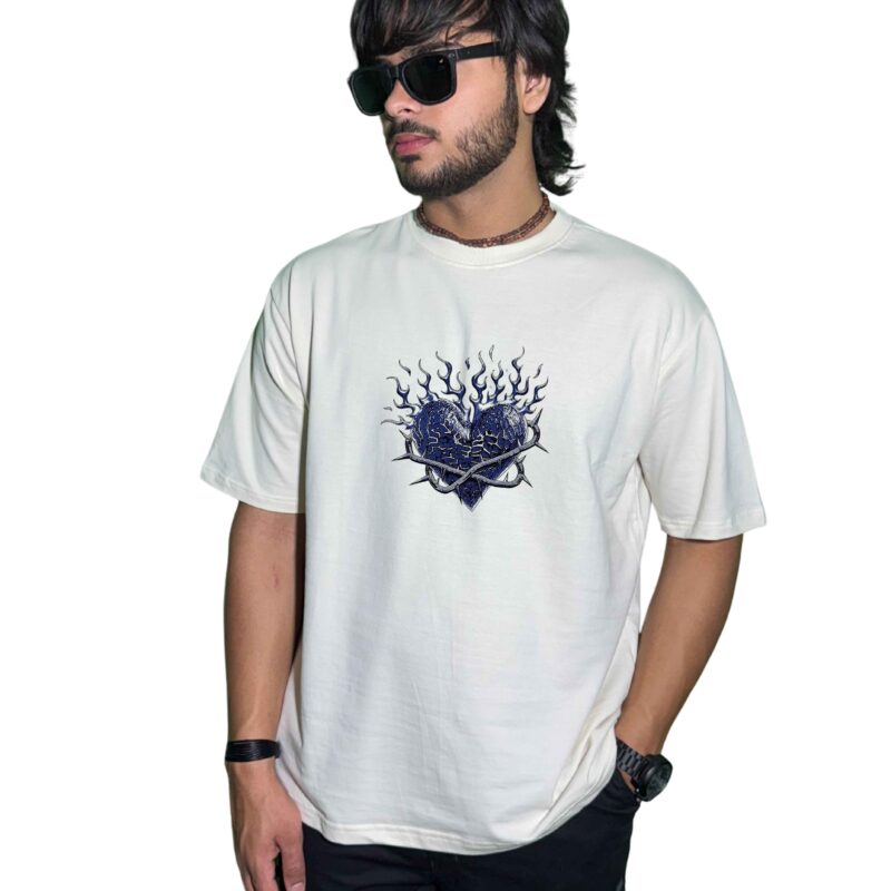 “Pain of Yesterday” Oversized T‑Shirt – 240 GSM Ultra‑Heavy Cotton | Cracked Blue Heart & Thorn Crown Graphic (Unisex, White)
