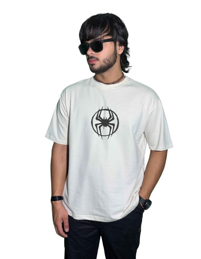 Venom‑Inspired Oversized T‑Shirt – 240 GSM Ultra‑Heavy Cotton | Tribal Spider Chest Emblem & Crouching Spider Back Art (Unisex, White)