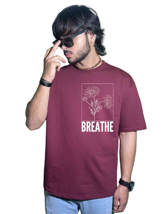 Premium Maroon Oversized T-Shirt – "BREATHE" Floral Minimalist Design | 240 GSM Cotton