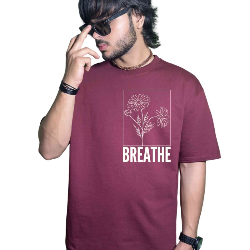 Premium Maroon Oversized T-Shirt – "BREATHE" Floral Minimalist Design | 240 GSM Cotton