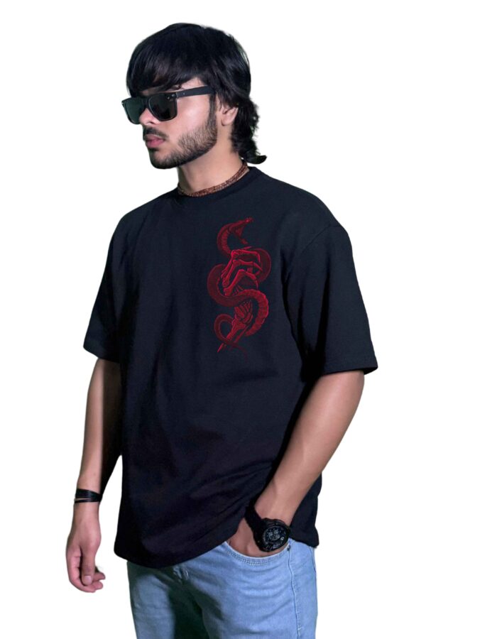 "SERPENT VISION" Oversized 240 GSM T-Shirt – Red Snake & Multi-Eye Graphic Drop